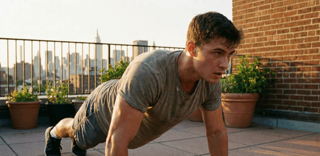 Junger Mann in Sportkleidung, der Liegestütze auf einer Dachterrasse mit Stadtansicht macht.