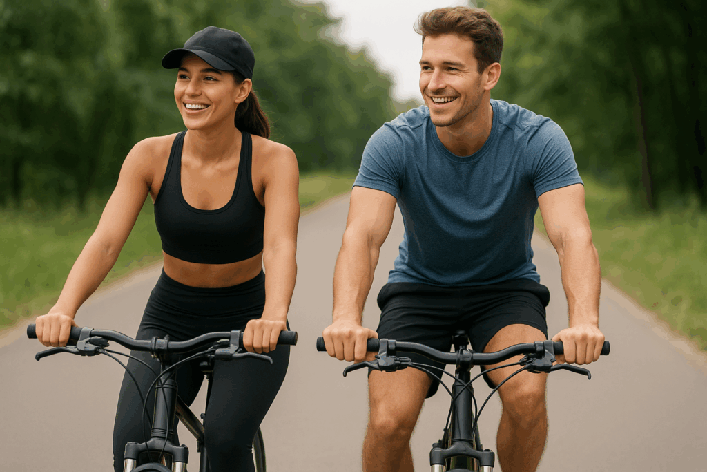 Ein Mann und eine Frau fahren gemeinsam mit Fahrrädern auf einem Weg, beide lächeln und tragen sportliche Kleidung.